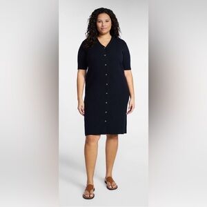 Terra & Sky Plus Size 3X Fine Gauge Rib Knit Dress Black V-Neck Button Front NWT